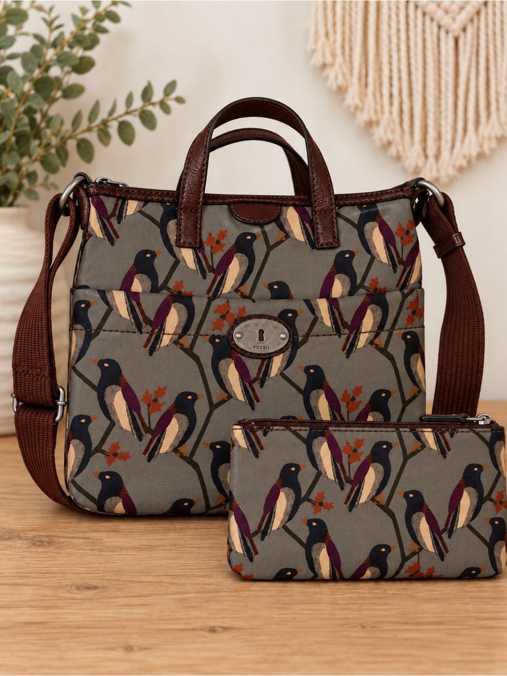 Fossil Key-Per Bird Print Crossbody Satchel Bag & Matching Pouch Set